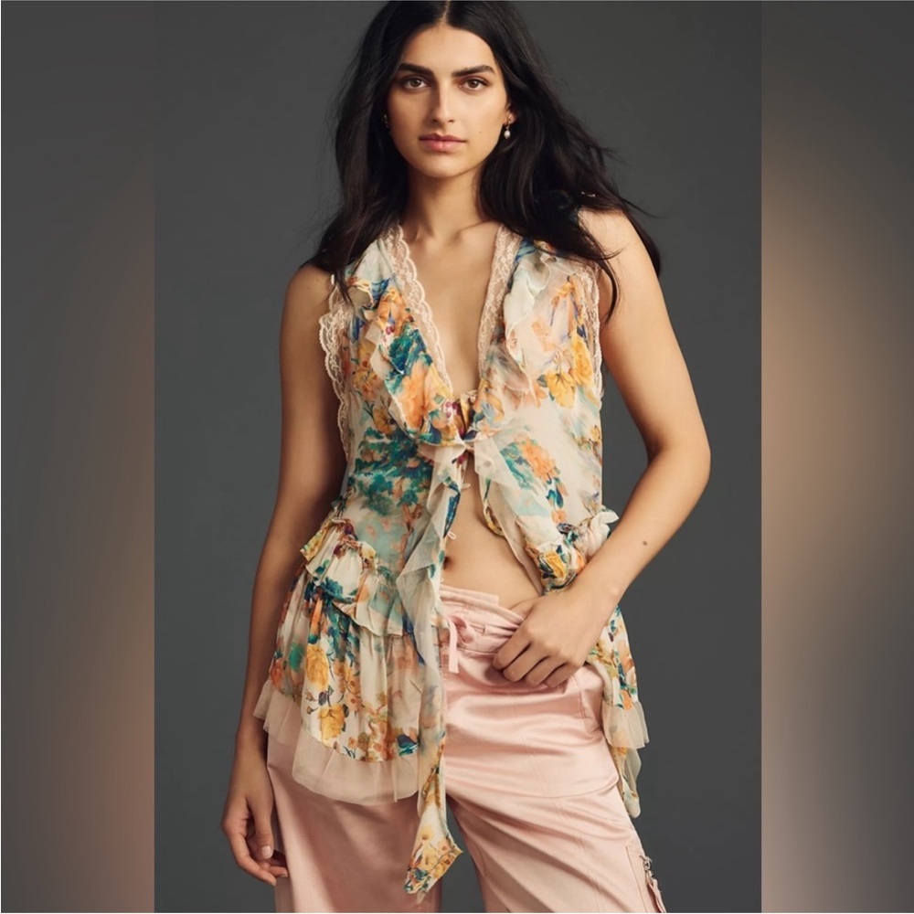 By Anthropologie Sleeveless Trailing Ruffle Blouse S NWT - Picture 3 of 16